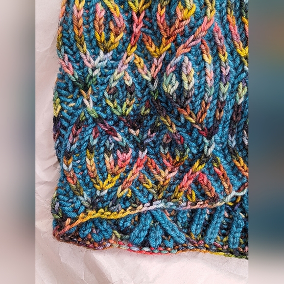 Knit Hat Warm Hand Dyed Soft Wool Green Multicolor Striped Brioche Stocking Cap - Picture 4 of 4